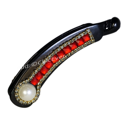 Haarspange Bananenspange Strass & Acryl Haarschmuck rot gold schwarz 7533d - zum Schließen ins Bild klicken